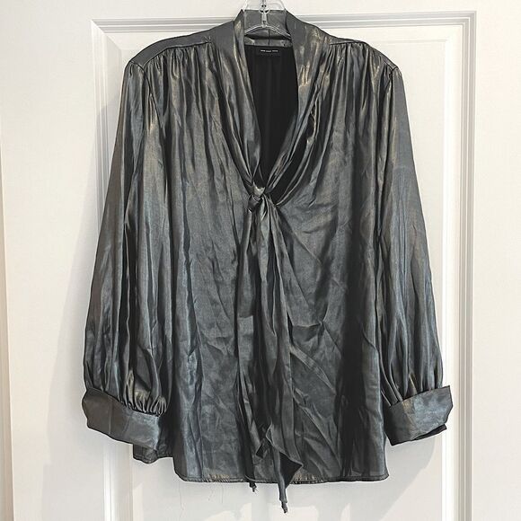 EUC Who What Wear Silver Metallic Bow Neck Top Sz. L - Picture 1 of 5